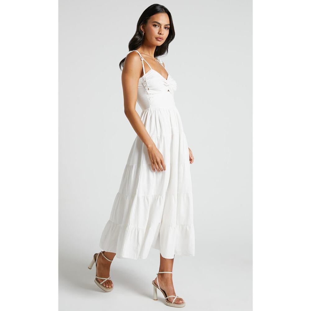 New Showpo Leticia Midi Dress Twist Front Tie Strap Tiered Dress Size Medium - Picture 3 of 12